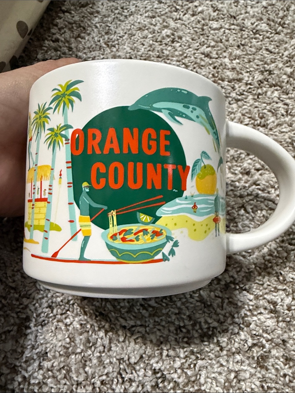 Starbucks White Mug with Orange County Graphic and Teal-Green Accents